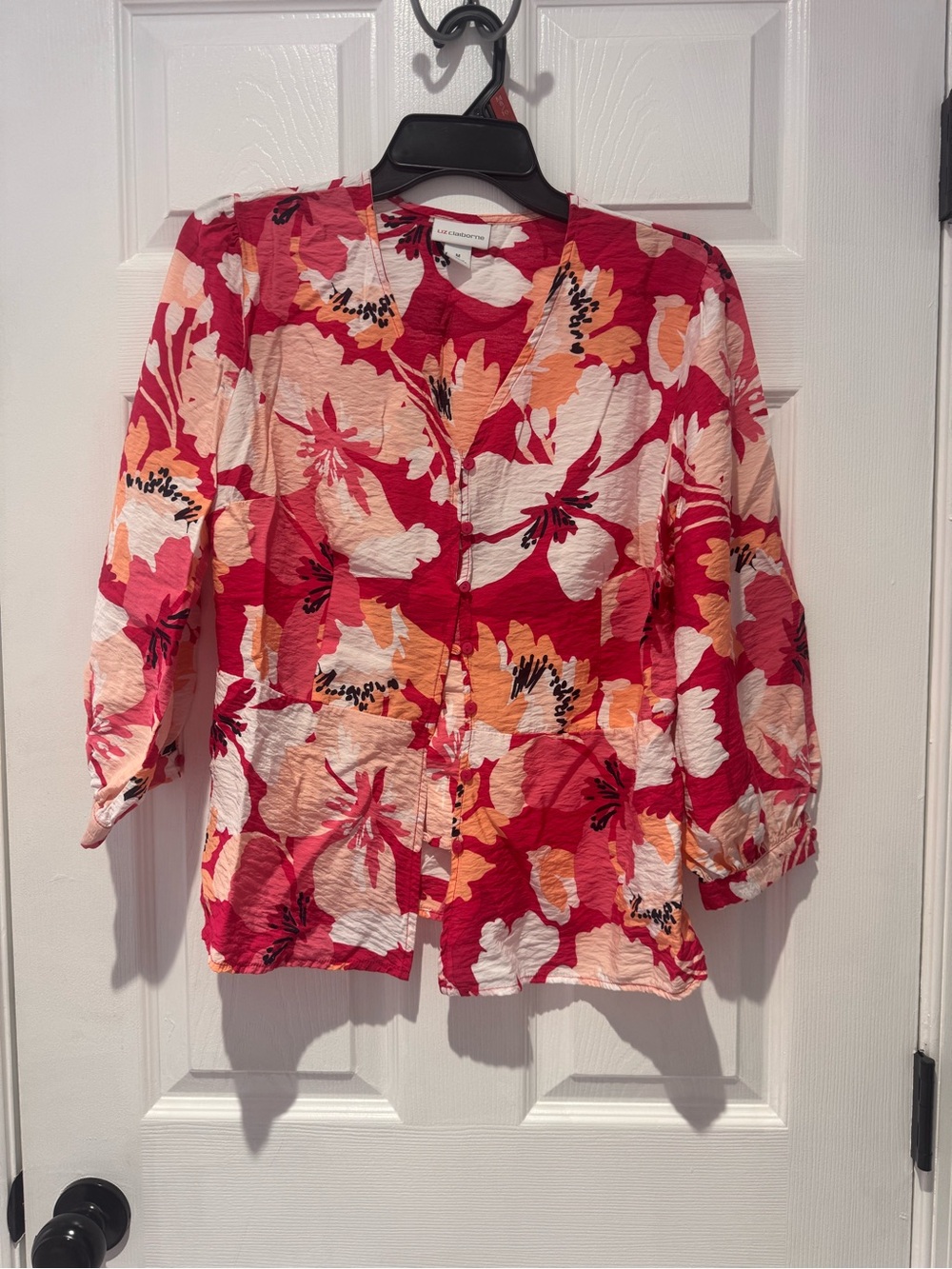 Liz Clairbone Pink Red Orange Floral Button-Front Blouse